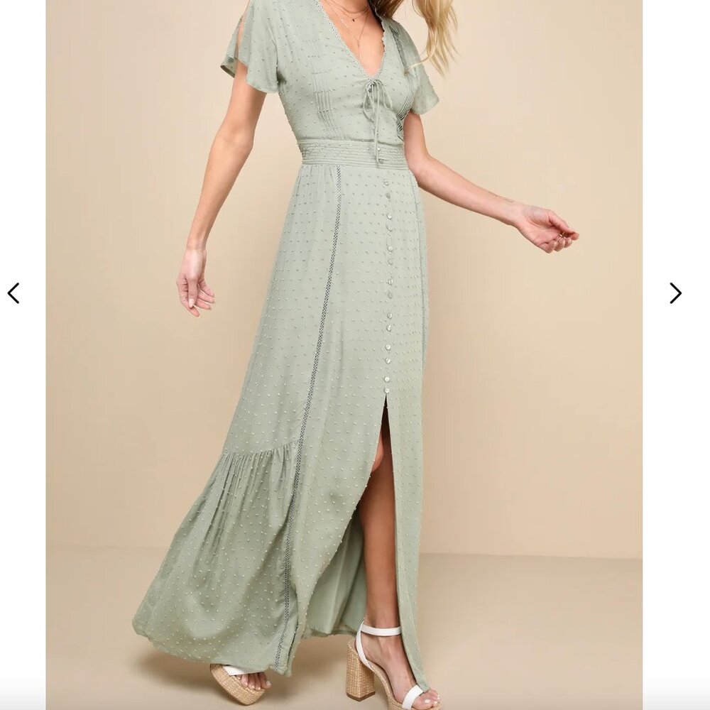 Lulu's Completely In Love Sage Green Swiss Dot Button-Front Maxi Dress